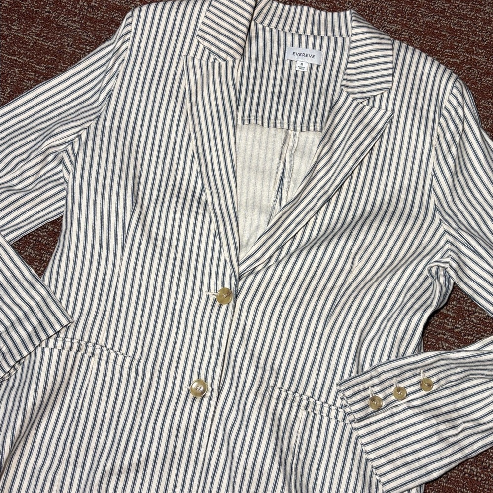 Evereve linen blazer lightweight nautical sear sucker stripe white/blue preppy M